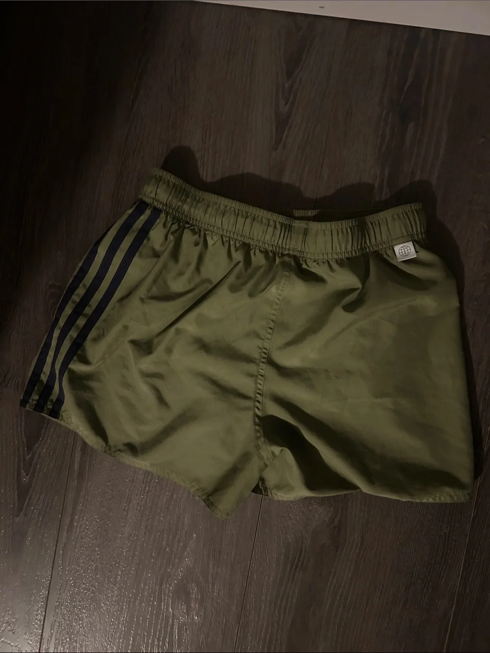 adidas Olive Green Shorts with Navy Three-Stripes - Picture 2 of 3